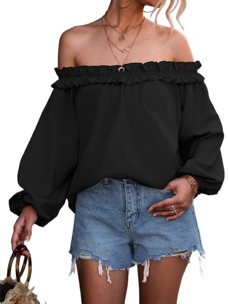 

off shoulder ruffle trim lantern sleeve blouse 08xr#, White