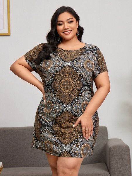 

emery rose plus allover print tunic dress 73hq#, Black