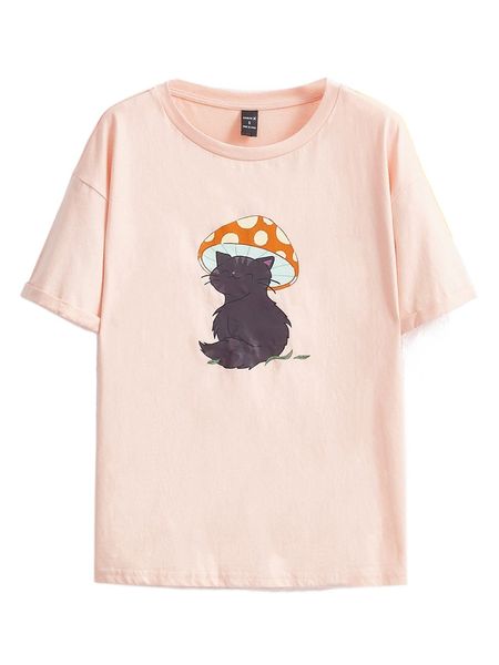 

x silly little thoughts cat & mushroom print tee e22c#, White