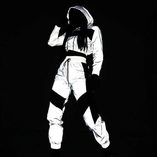 

female loose jacket coat matching sets plus size hip hop reflective 2 piece set women tracksuit hoodies crop pants 220608, White