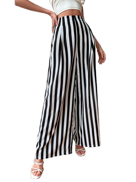 

high waist striped pattern wide leg pants l9qx#, Black;white