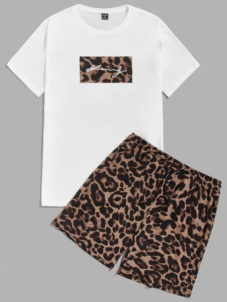 

men letter graphic leopard tee & drawstring waist shorts n7br#, Gray