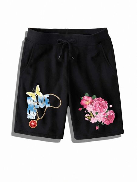 

romwe guys letter & flower graphic shorts s6in#, White;black