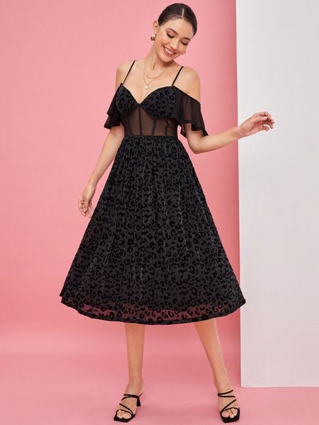 

x elle rebel leopard pattern contrast mesh cold shoulder bustier dress u0ie#, Black;gray