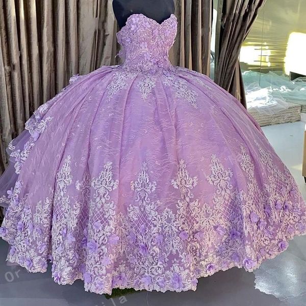 2022 Sexy Lavendel Puffy Quinceanera Kleider Schatz Spitze Applikationen Kristall Perlen Blumen Ballkleid Vestidos De Kleid Gast Korsett Zurück Tüll Abgestufte Rüschen