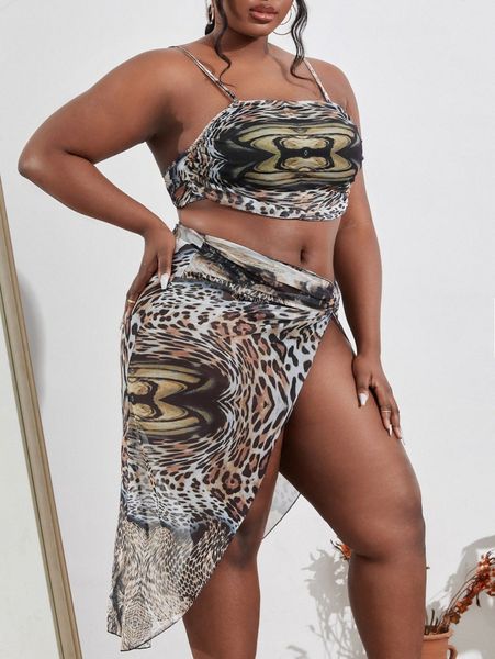 

sxy plus leopard mesh cami & twist side skirt t9v3#, Black