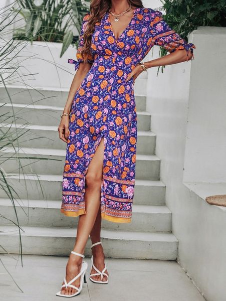 

random floral print knot cuff split thigh dress z9df#, Black;gray