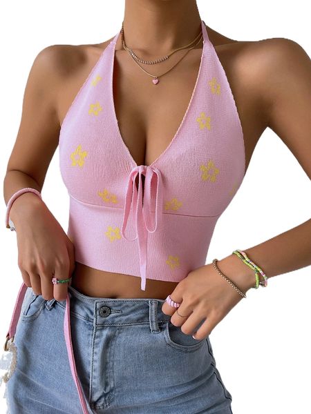 

star pattern tie backless halter knit r6m5#, White;black
