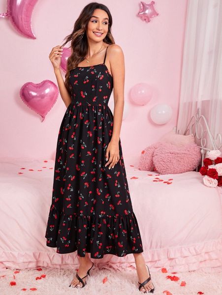 

ruffle hem cherry print cami dress w6je#, Black;gray