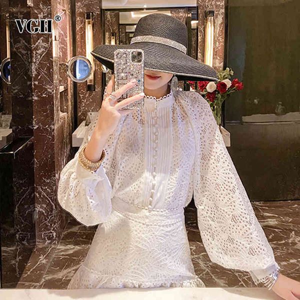 

lantern long sleeves vintage hollow out shirt for women o neck loose oversized casual shirts femalle spring fashion 210507, White