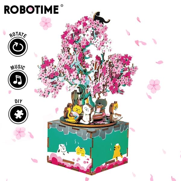 Robotime 148pcs rotativável DIY 3D Cherry Tree Cat Wooden Puzzle Assembly Box Box Toy Gree