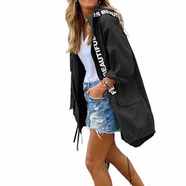 

women's trench coats 2022 spring letters print women long sleeve jacket windbreaker loose pocket cardigan coat autumn drawstring outwea, Tan;black