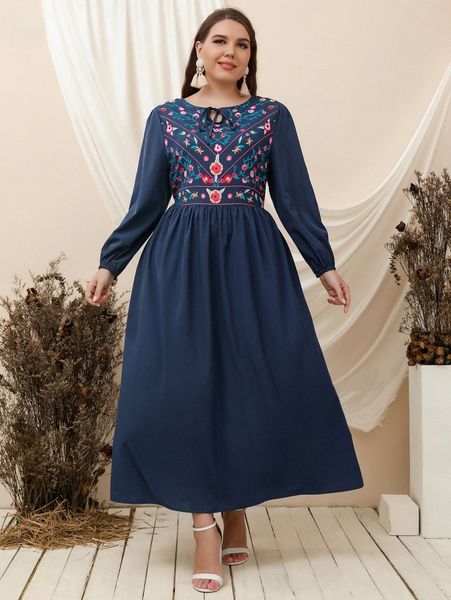 

plus floral print tie neck lantern sleeve dress s218#, Black