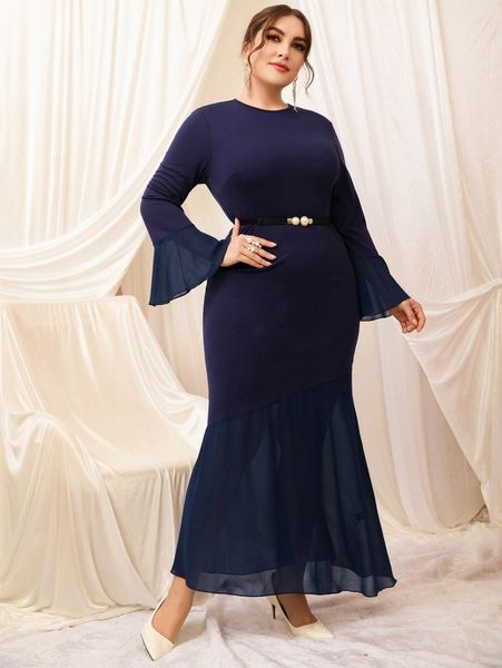 

plus contrast mesh flounce sleeve ruffle hem belted dress b70l#, Black