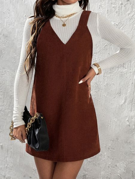 

petite solid corduroy overall dress without sweater 5807#, Black;gray