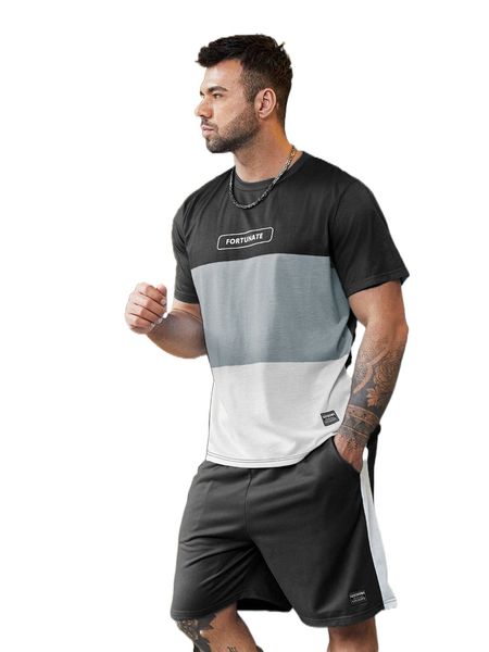 

extended sizes men color block letter graphic tee & letter patched shorts g5aq#, Gray