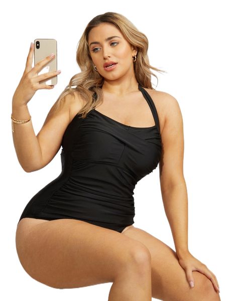 

plus twist front halter one piece swimsuit t22c#, White;black