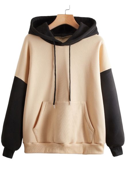 

colorblock drawstring pocket hoodie s3qf#, Black