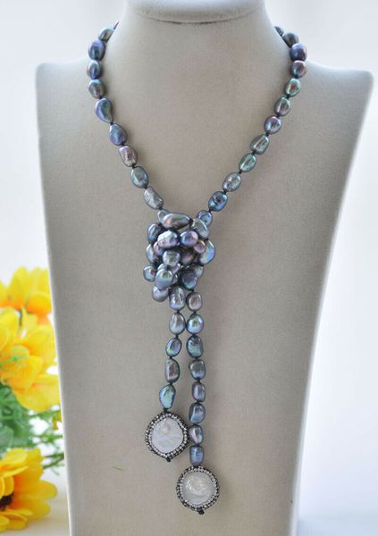 

32&quot 20mm black baroque and white coin pearl cz necklace, Silver
