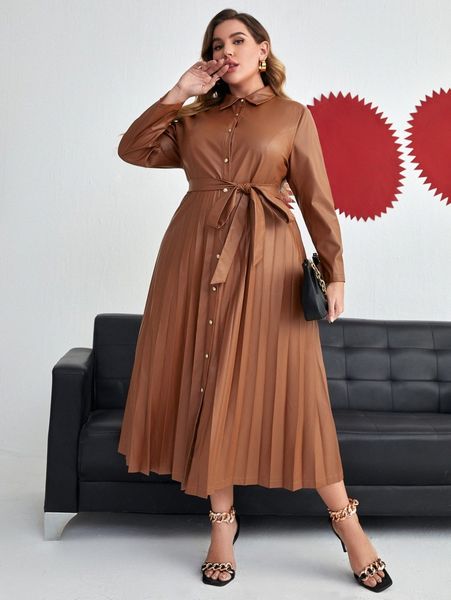 

plus pleated hem belted pu leather shirt dress y1sq#, Black