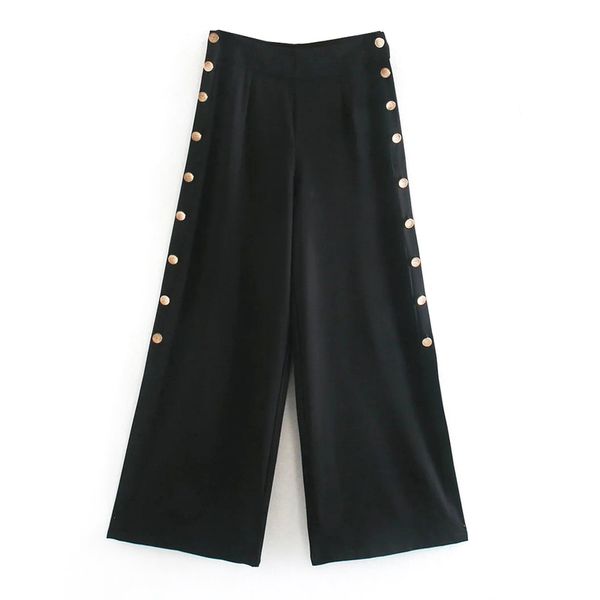 

xnwmnz za women fashion buttoned palazzo trousers highwaist wideleg featuring metal buttons on the sides female chic 210513, Black;white
