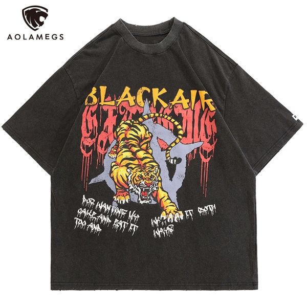 

aolamegs oversized men t-shirts letter tiger print t-shirt summer gothic punk black tee cottons cozy fashion men clothes 220706, White;black