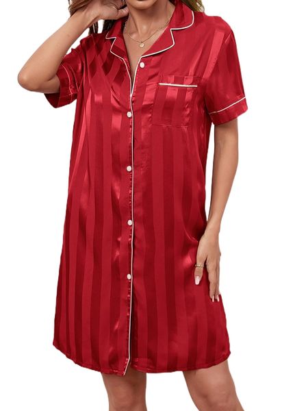 

contrast piping pocket patched satin night dress b8qq#, Black;red