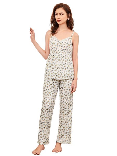 

allover floral print frilled pj set t9po#, Black;red