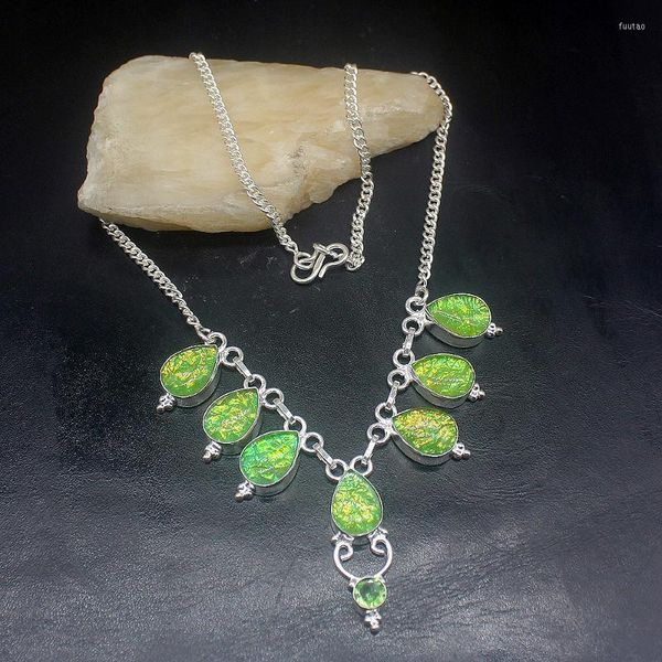 Anhänger-Halsketten Hermosa Schmuck Wunderschönes grünes dichroitisches Glas Silberfarbe Damen Damen Geschenke Halskette Kette 42 cm 20223485