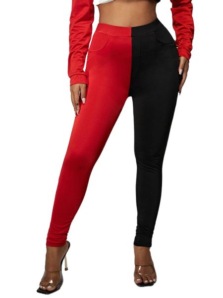 

sxy slant pocket spliced two tone skinny pants y2vp#, Black;white