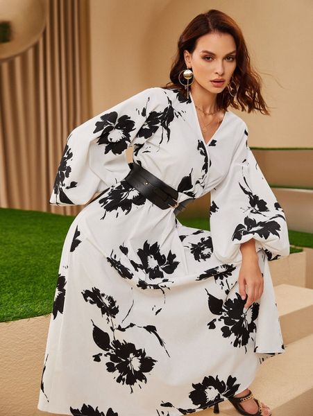 

floral print lantern sleeve belted dress without corset 83vs#, Black;gray