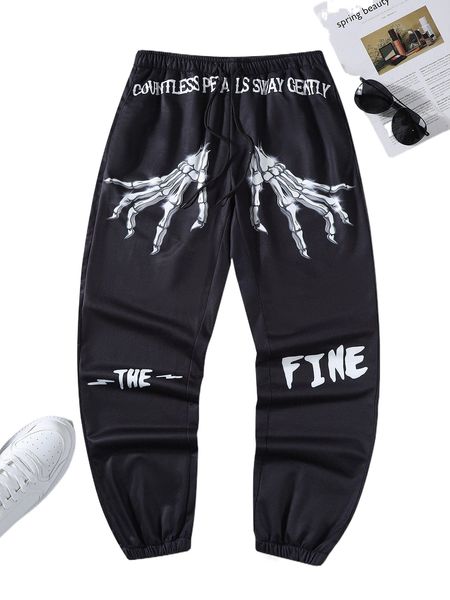 

men finger skeleton & slogan graphic drawstring waist sweatpants q3oo#, Black