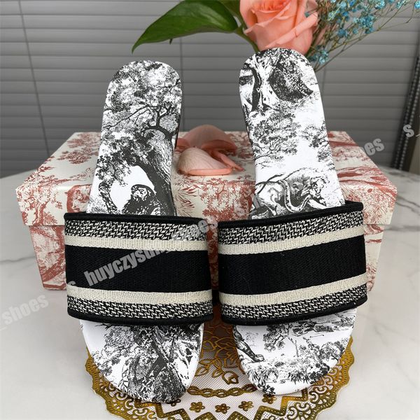 

[with box] 2022 luxury spring and autumn new embroidered letters beach flat cotton slipper black fabric word sandals slippers size 35-43