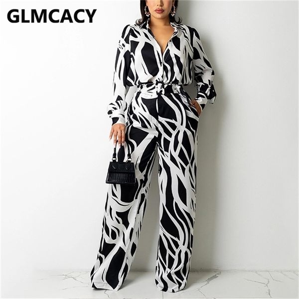 

women two piece chic shirt set long sleeve button & loose pants 220509, White