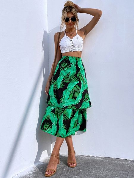 

high waist tropical print layered hem skirt g9fi#, Black