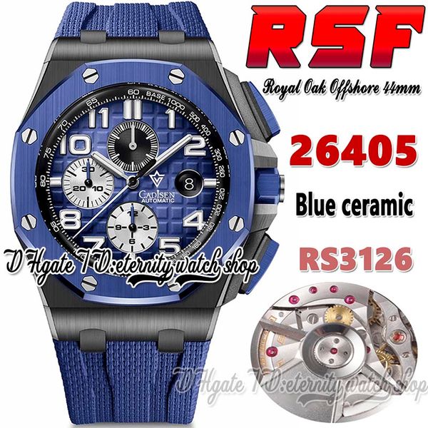

rsf rs26405 cal.3126 a3126 chronograph automatic mens watch 44mm blue ceramics bezel black ceramic case texture dial number markers rubber s, Slivery;brown