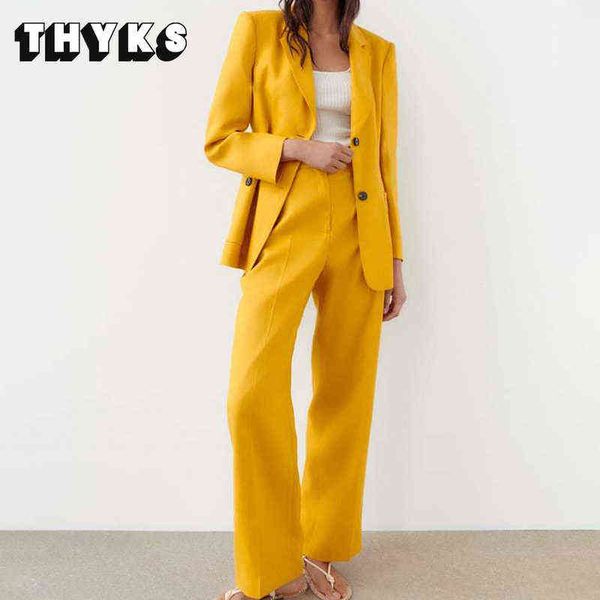 

2022 spring women singlebreasted blazer neutral wind v neck yellow high waist straight pants 2 piece set elegance pants fit j220813, White;black