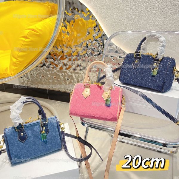 

mini speedy bandouliere 20 squire bag monograms jacquard denim boston bag with padlock luxurys designers handbag navy blue/faded blue/pink