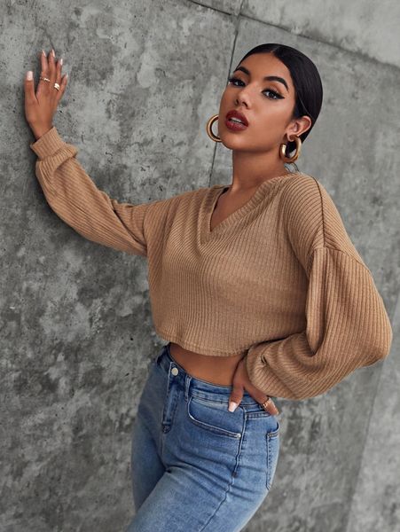 

v-neck drop shoulder crop tee c9oj#, White