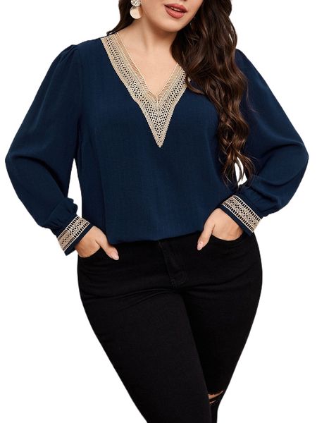 

plus guipure lace panel lantern sleeve blouse 987t#, Black