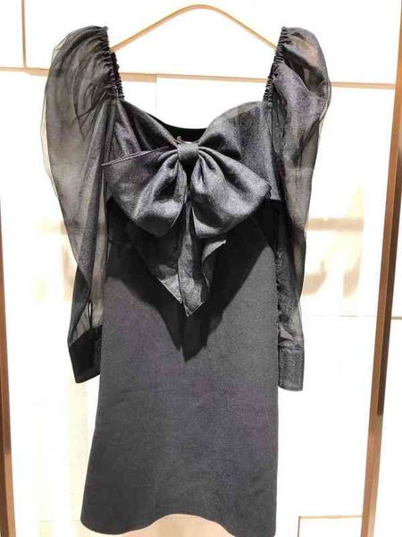 

casual dresses zhuoya spring and summer sweet lady style square neck bow solid color thin knitted dress, Black;gray