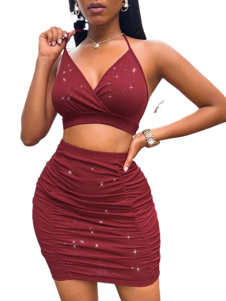 

tie backless crop halter & ruched bodycon skirt i6je#, White