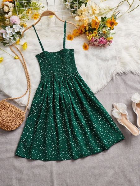 

polka dot shirred cami dress a4mh#, Black;gray