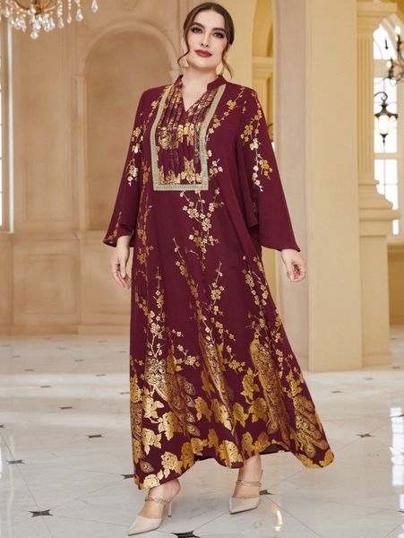 

plus random gold floral print notched neckline trumpet sleeve dress h3au#, Black