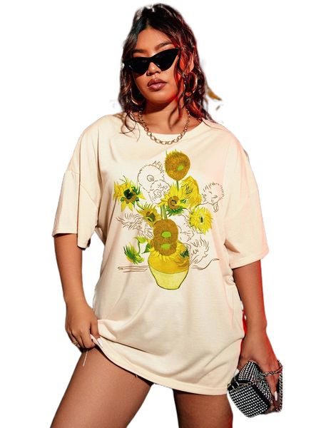 

plus sunflower print drop shoulder tee s3de#, Black