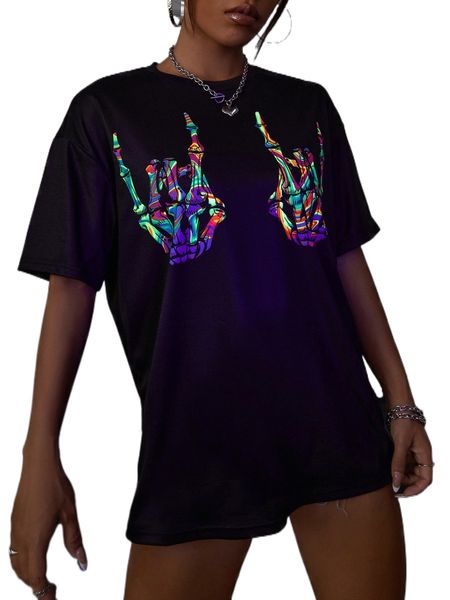 

reflective skeleton hand print drop shoulder tee 89vr#, White