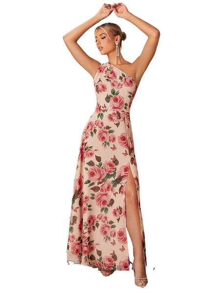 

floral print one shoulder split thigh chiffon dress h7ca#, Black;gray