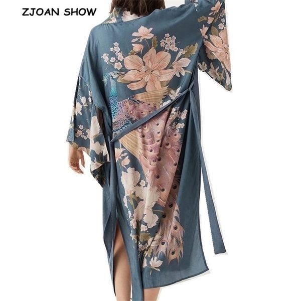 Bohemian v Neck Peacock Flower Print Long Kimono рубашка этническая новая шнуровка