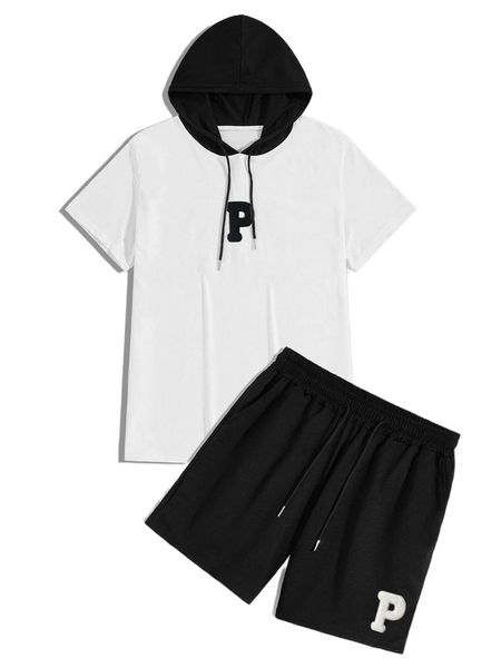 

men two tone letter patch detail drawstring hooded tee & shorts r8eu#, Gray