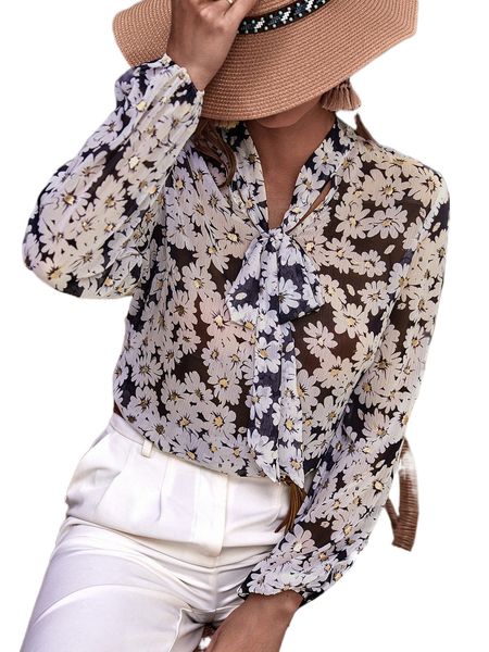 

allover floral print tie neck chiffon blouse q8ke#, White